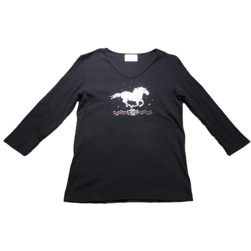VTG USA Cactus Bay Horse Rhinestone Southwestern V-Neck Shirt Knit Women S Black